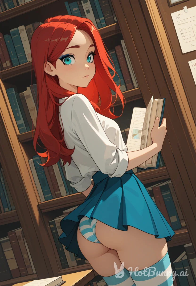 Redhead in library