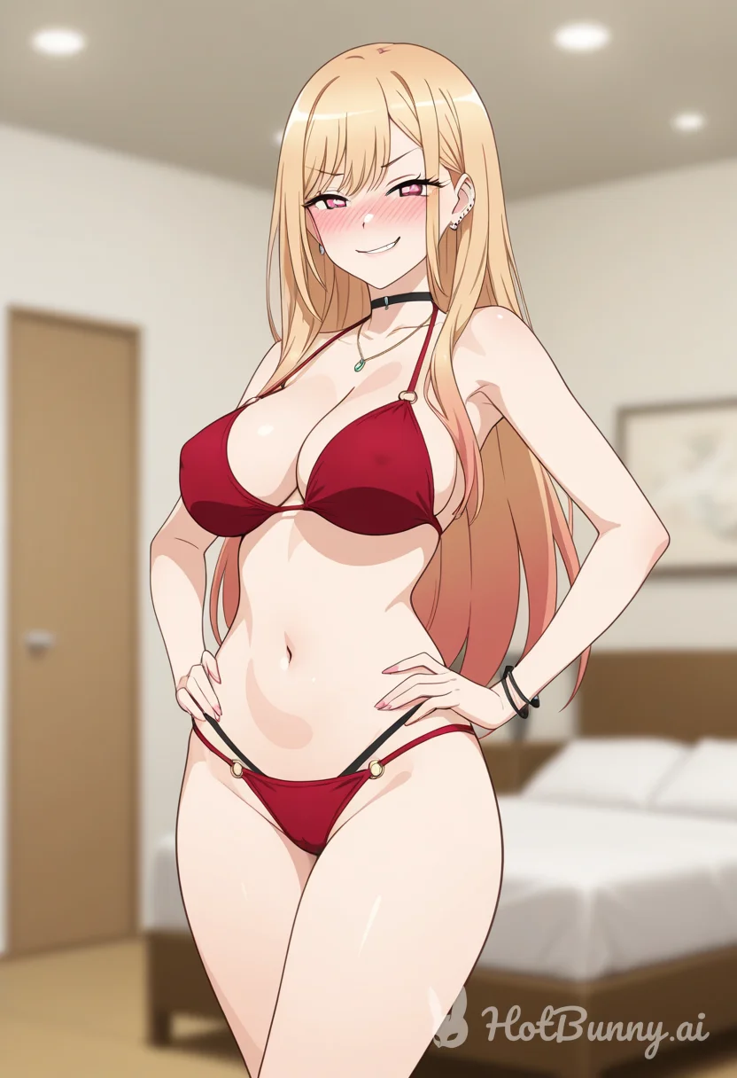 Marin Kitagawa in Red Bikini Posing